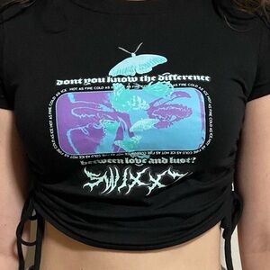 Swixxz Black Graphic Crop Top with Butterfly Design Ruched Sides